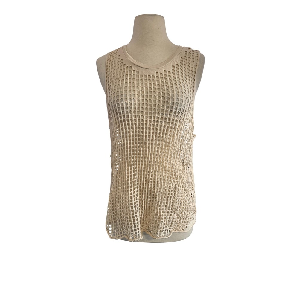 Womens Beige Mesh Fishnet Tank Top Sleeveless Open Knit Crew Neck Summer Cream